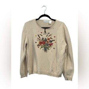 Alfred Dunner Beige Sweater with Floral Embroidery- Large- scoop neck